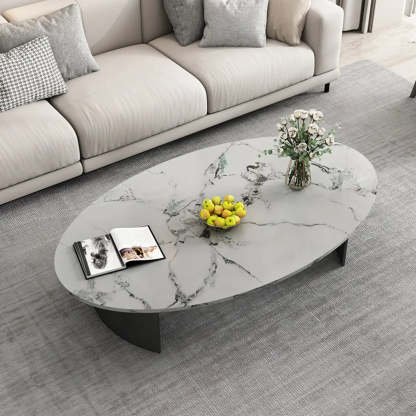 Oval Stone-Top Iron Coffee Table — White