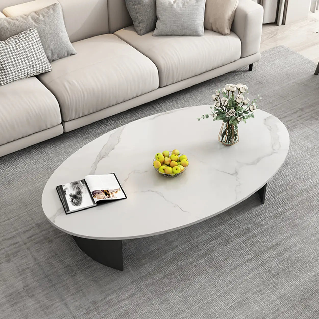 Oval Stone-Top Iron Coffee Table — White/ Grey