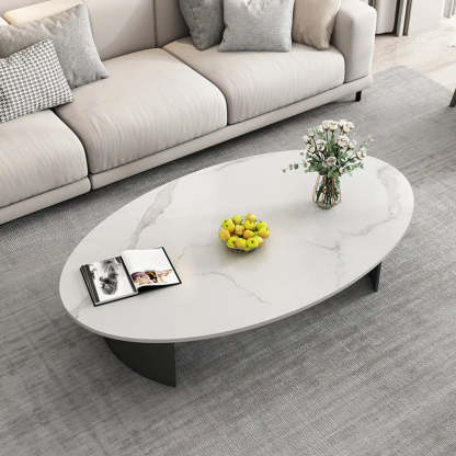 Oval Stone-Top Iron Coffee Table — White/ Grey