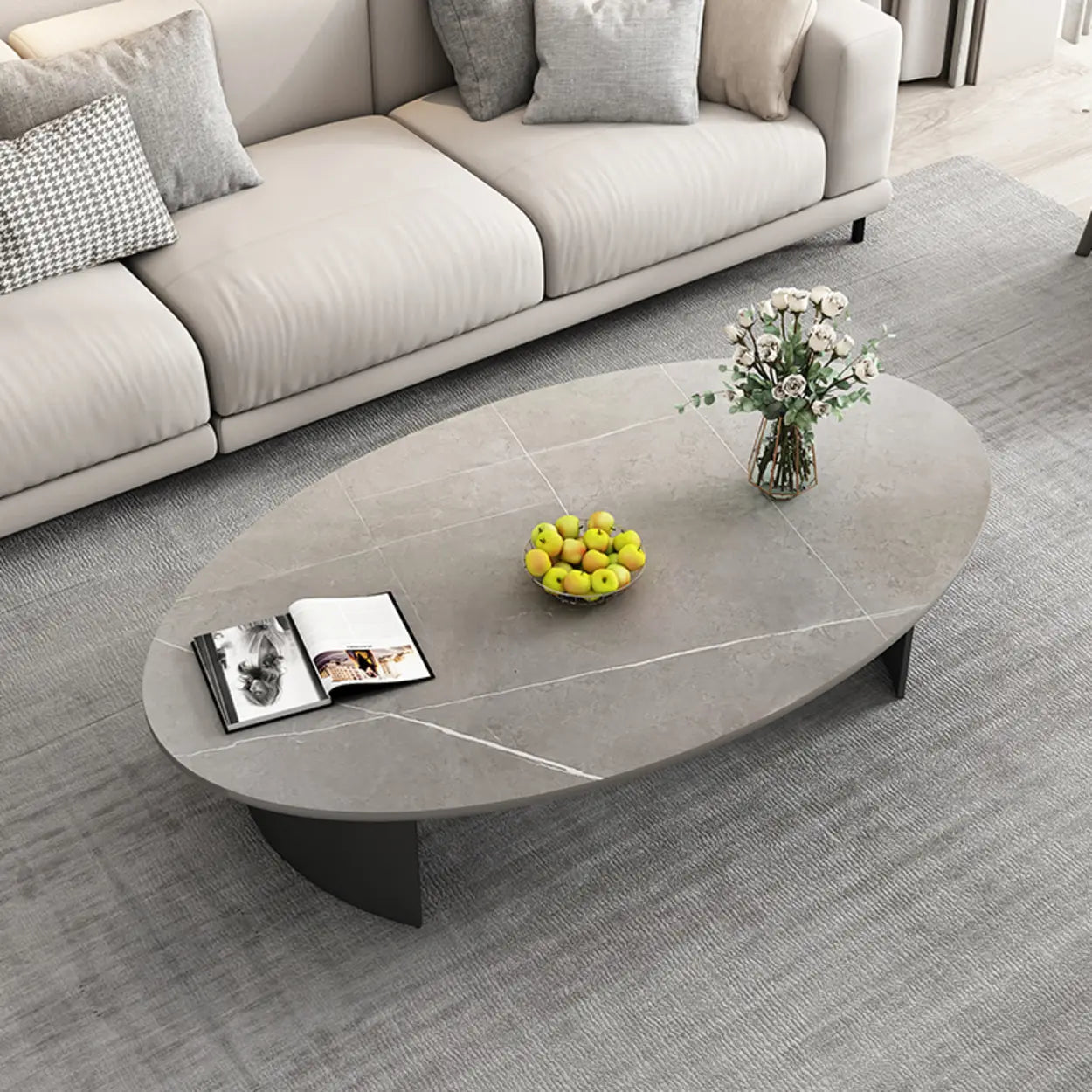 Oval Stone-Top Iron Coffee Table — Gray