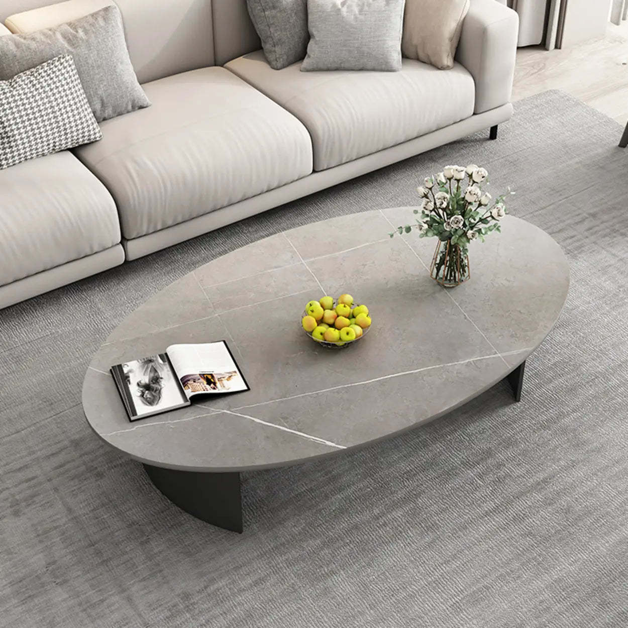 Oval Stone-Top Iron Coffee Table — Gray