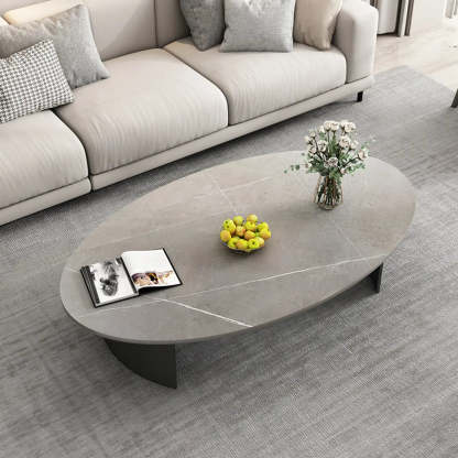 Oval Stone-Top Iron Coffee Table — Gray