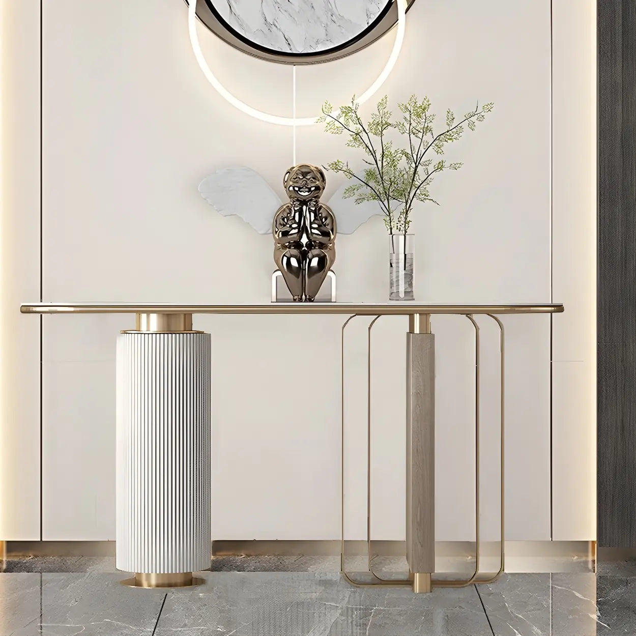 Oval Gold Stone Tall Double-Pedestal Console Table — White