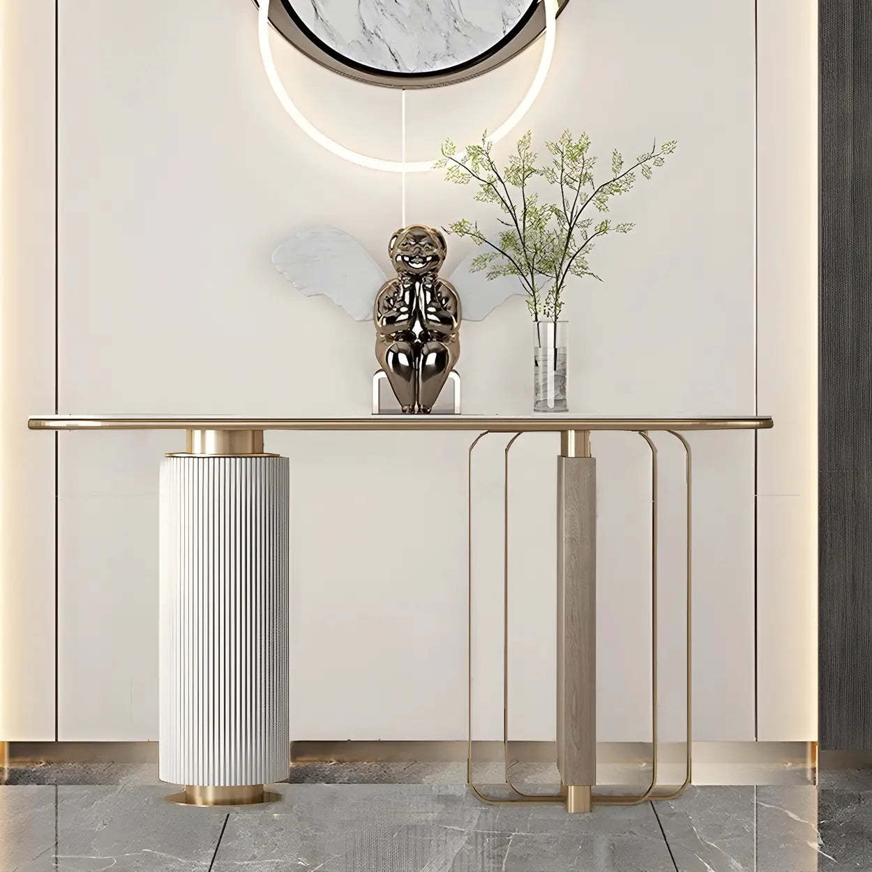 Oval Gold Stone Tall Double-Pedestal Console Table — White