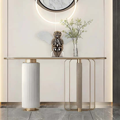 Oval Gold Stone Tall Double-Pedestal Console Table — White