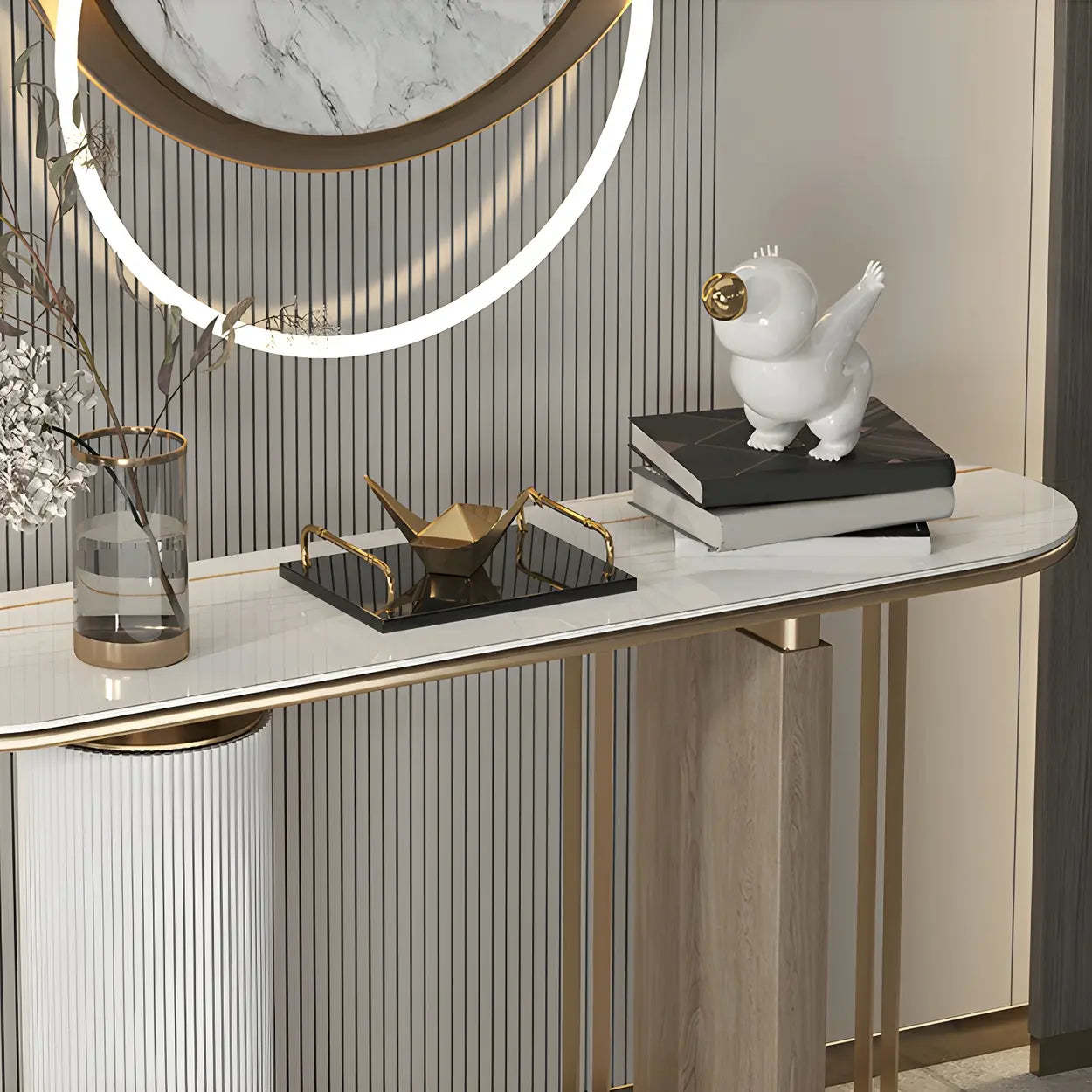 Oval Gold Stone Tall Double-Pedestal Console Table