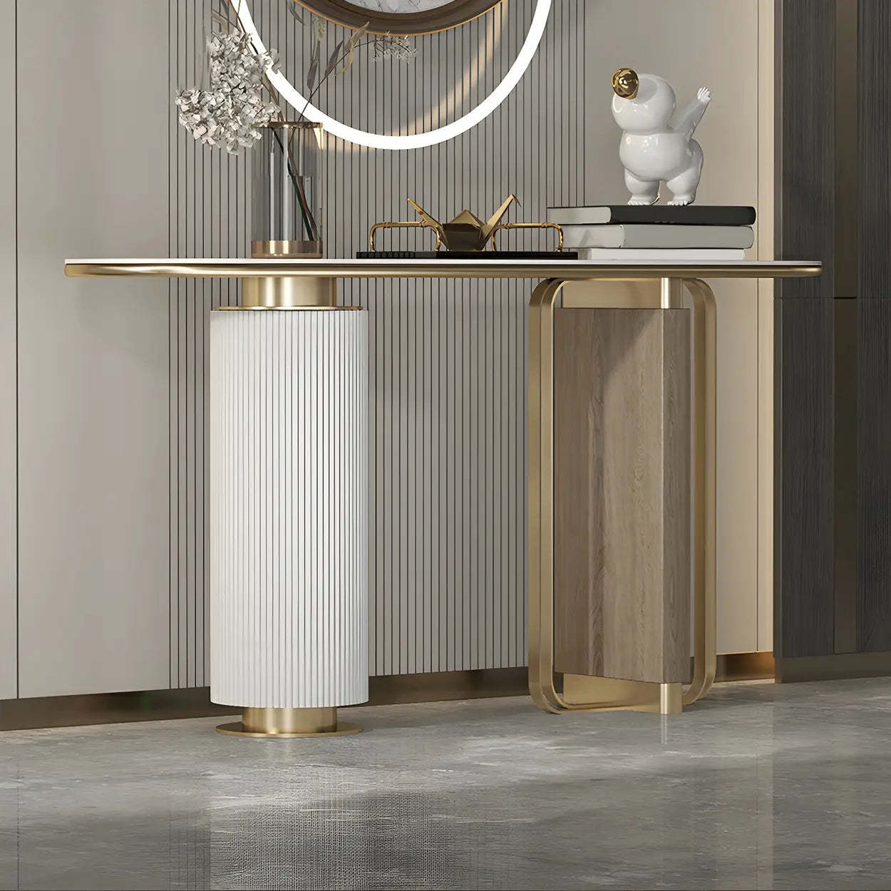 Oval Gold Stone Tall Double-Pedestal Console Table