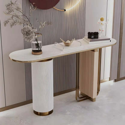 Oval Gold Stone Tall Double-Pedestal Console Table — White Gold/ White