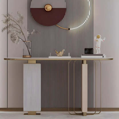 Oval Gold Stone Tall Double-Pedestal Console Table — White Gold/ White