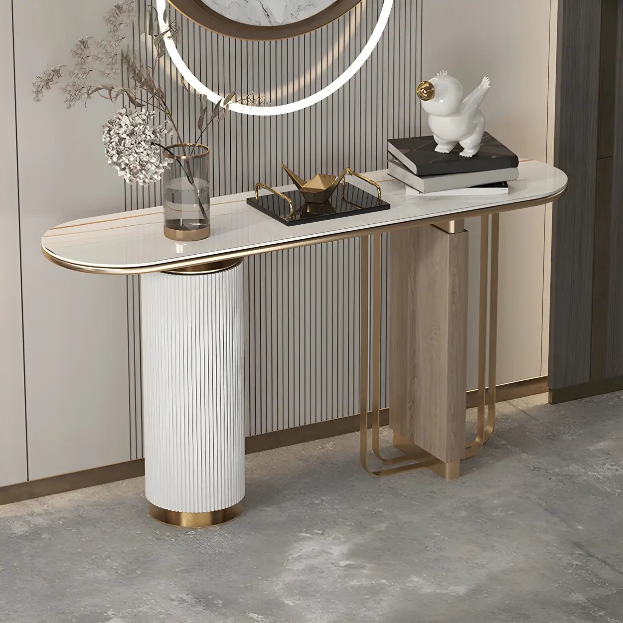 Oval Gold Stone Tall Double-Pedestal Console Table — White
