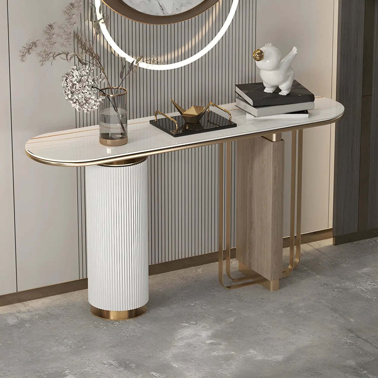 Oval Gold Stone Tall Double-Pedestal Console Table — White