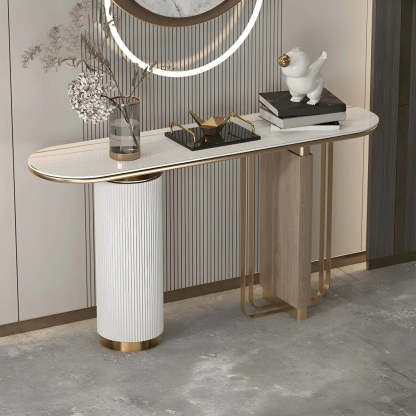 Oval Gold Stone Tall Double-Pedestal Console Table — White