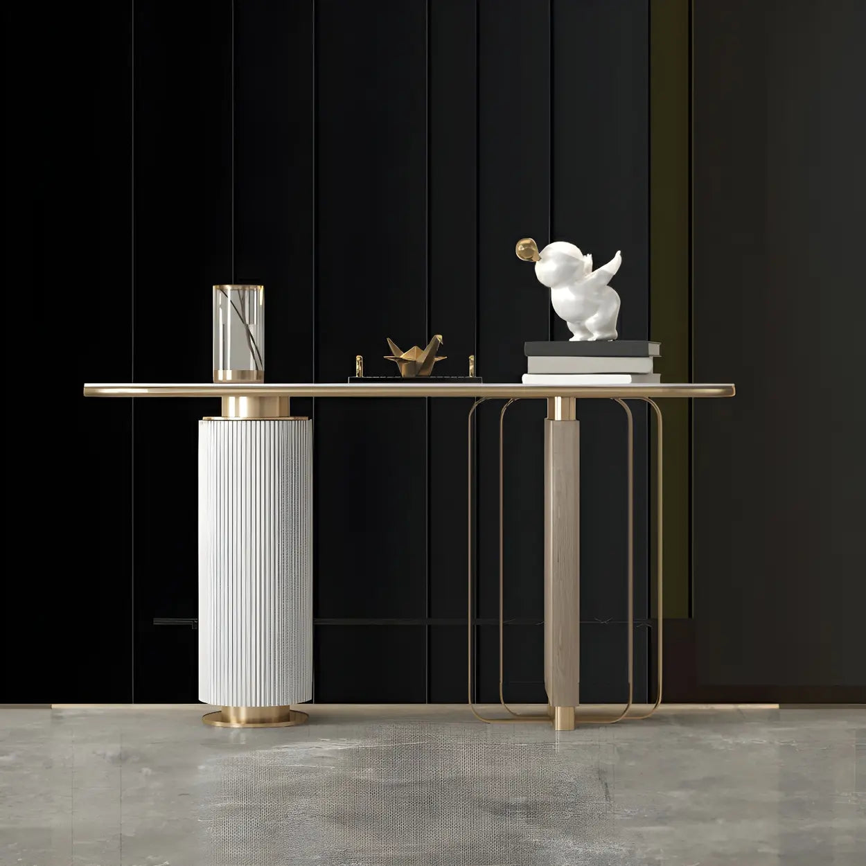 Oval Gold Stone Tall Double-Pedestal Console Table — White Gold/ White