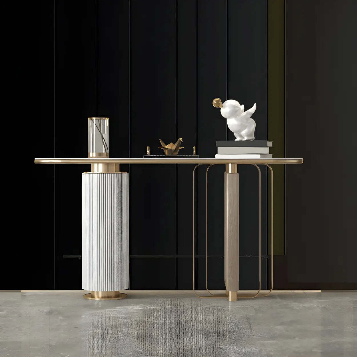 Oval Gold Stone Tall Double-Pedestal Console Table — White Gold/ White