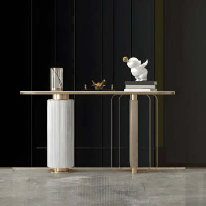 Oval Gold Stone Tall Double-Pedestal Console Table — White Gold/ White