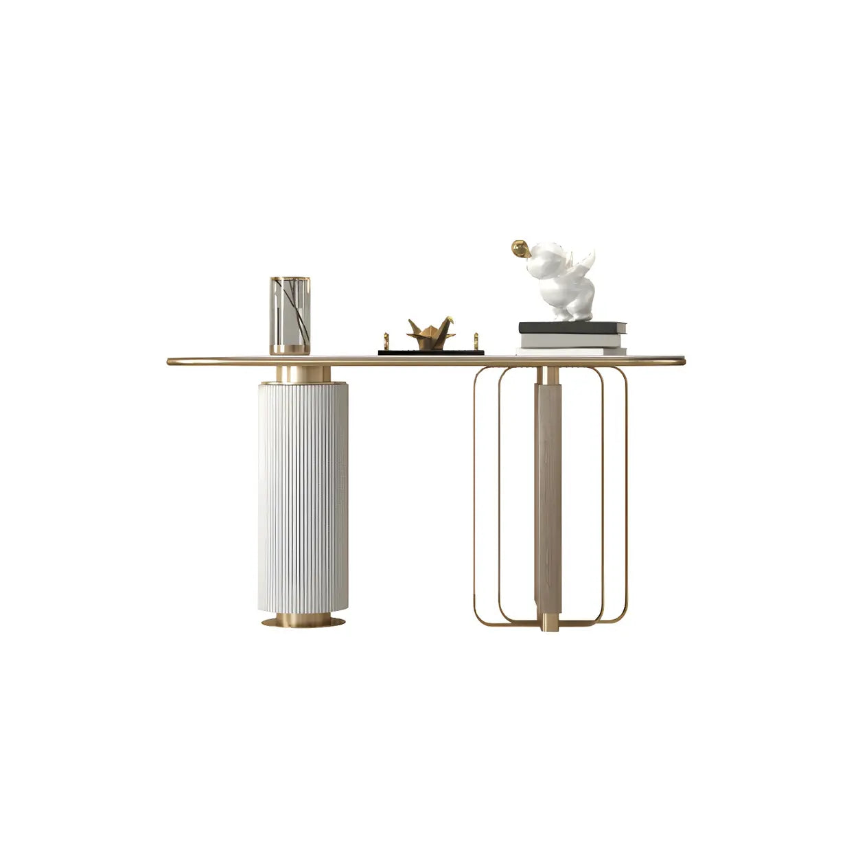 Oval Gold Stone Tall Double-Pedestal Console Table — White