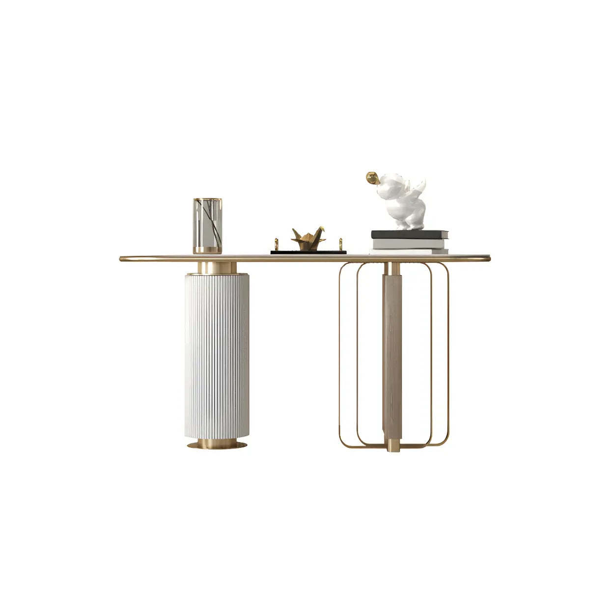 Oval Gold Stone Tall Double-Pedestal Console Table — White