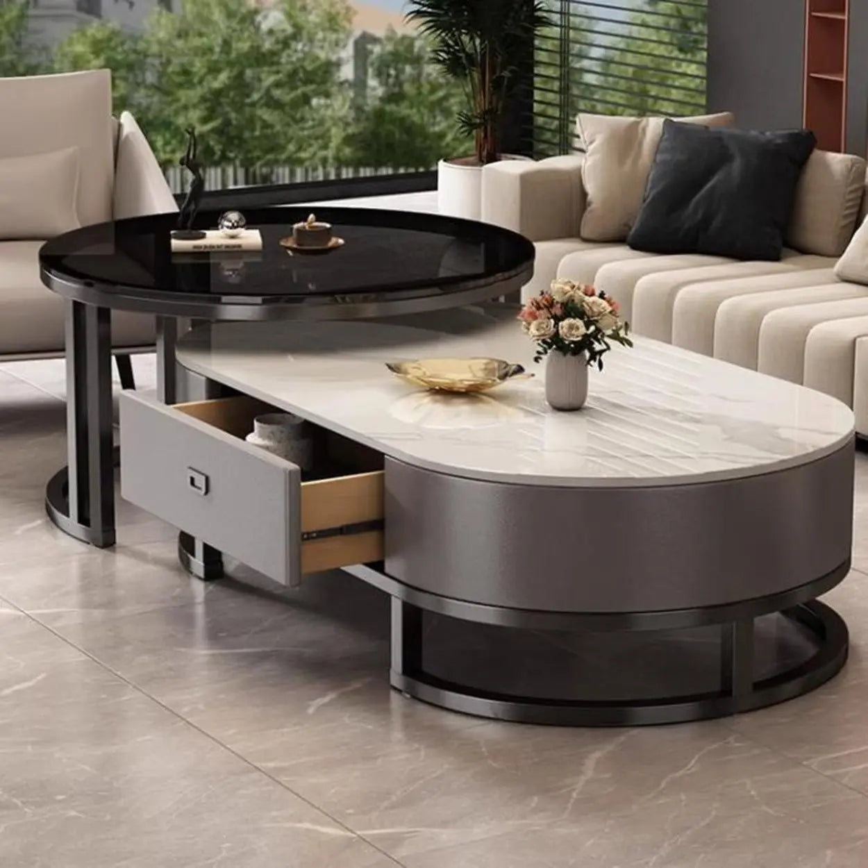 Luxury stone-top nesting gray steel coffee tables, Lighom — 39.5"L x 19.5"W x 16"H & 27.5"L x 27.5"W x 18"H / Black & Gray
