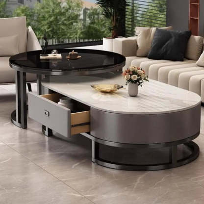 Oval Stone-Top Steel Nesting Coffee Tables — Gray / Black/ Grey