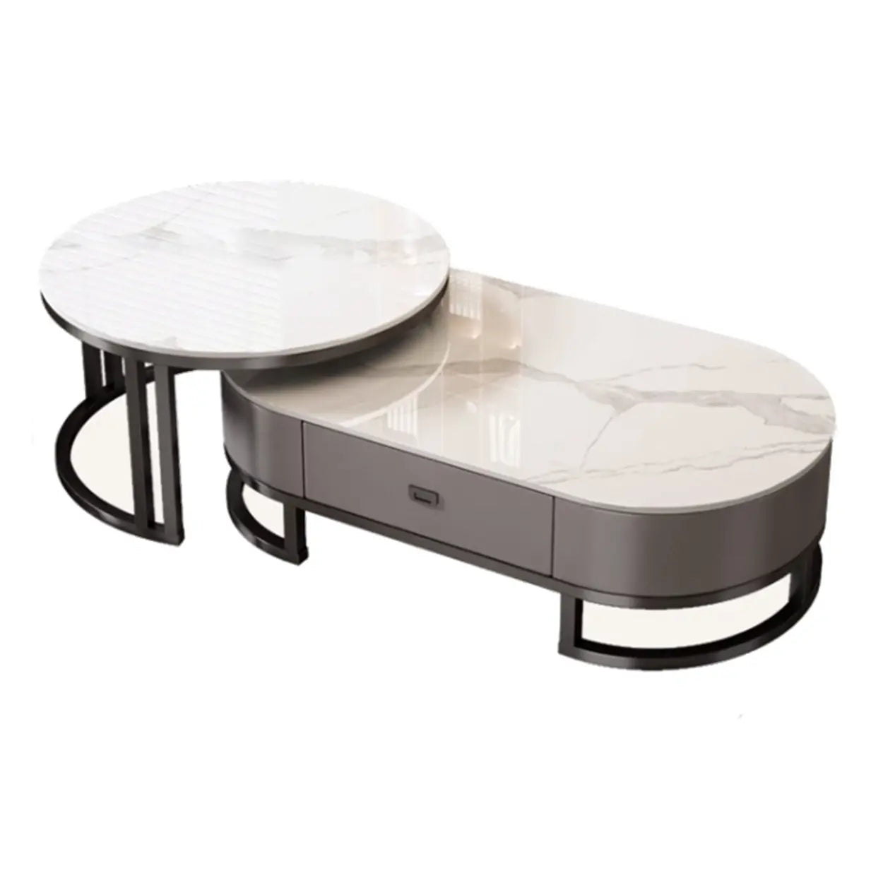 Oval Stone-Top Steel Nesting Coffee Tables — Pandora/ Black / Black/ Grey