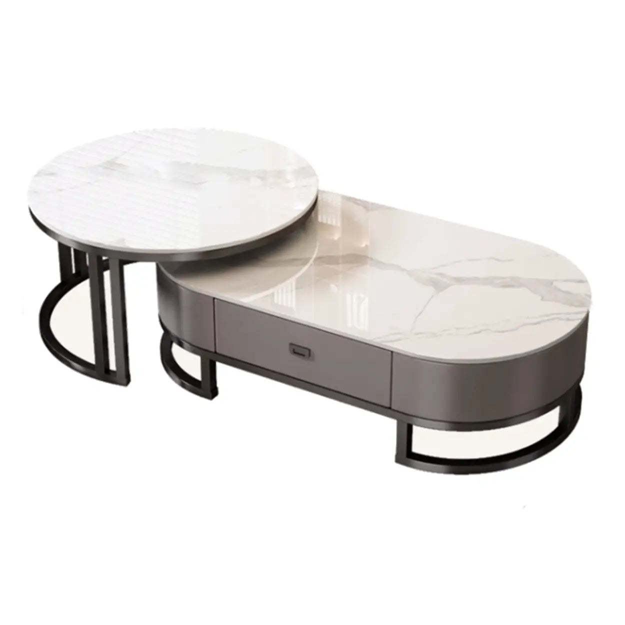 Oval Stone-Top Steel Nesting Coffee Tables — Pandora/ Black / Black/ Grey