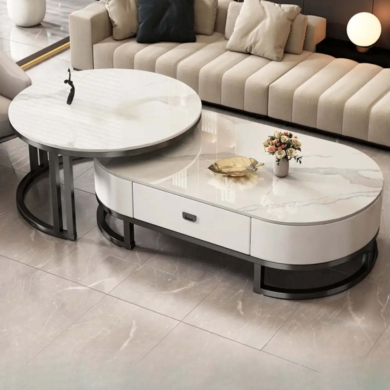 Oval Stone-Top Steel Nesting Coffee Tables — White/ Brown / Gold/ White