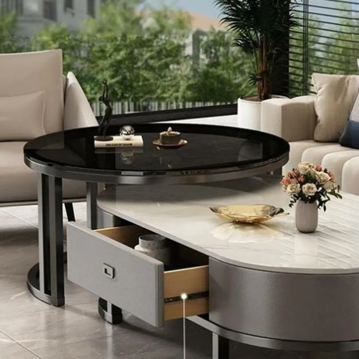 Oval Stone-Top Steel Nesting Coffee Tables — White/ Brown / Gold/ Gray
