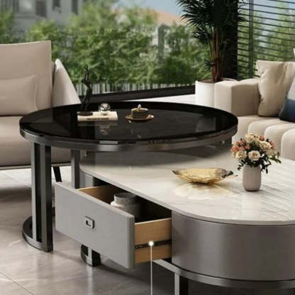 Oval Stone-Top Steel Nesting Coffee Tables — White/ Brown / Gold/ Gray