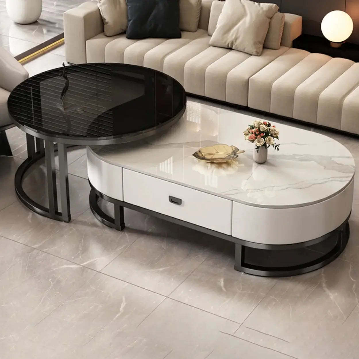 Oval Stone-Top Steel Nesting Coffee Tables — White/ White / Gold/ Gray