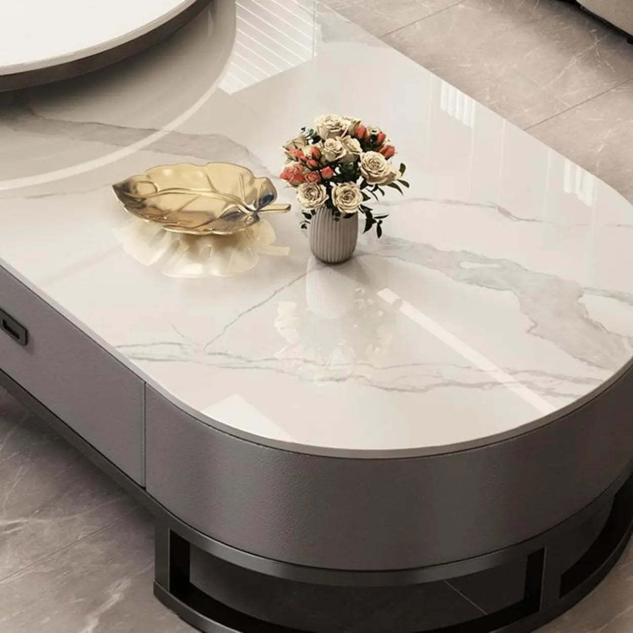 Oval Stone-Top Steel Nesting Coffee Tables — Gray / Black/ Grey