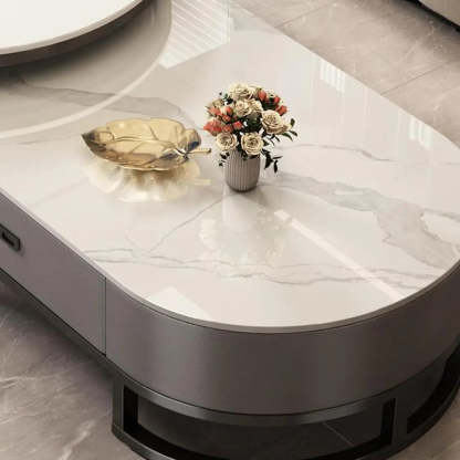 Oval Stone-Top Steel Nesting Coffee Tables — Gray / Black/ Grey