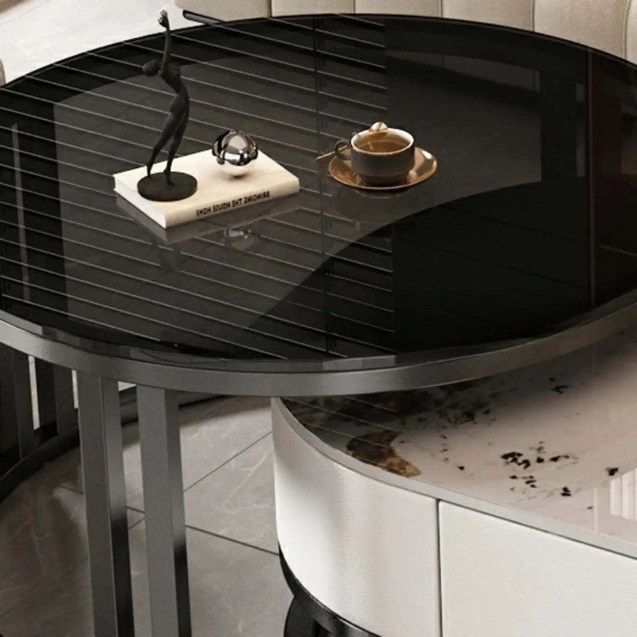 Oval Stone-Top Steel Nesting Coffee Tables — White / Black/ Grey