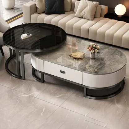 Oval Stone-Top Steel Nesting Coffee Tables — White / Black/ White