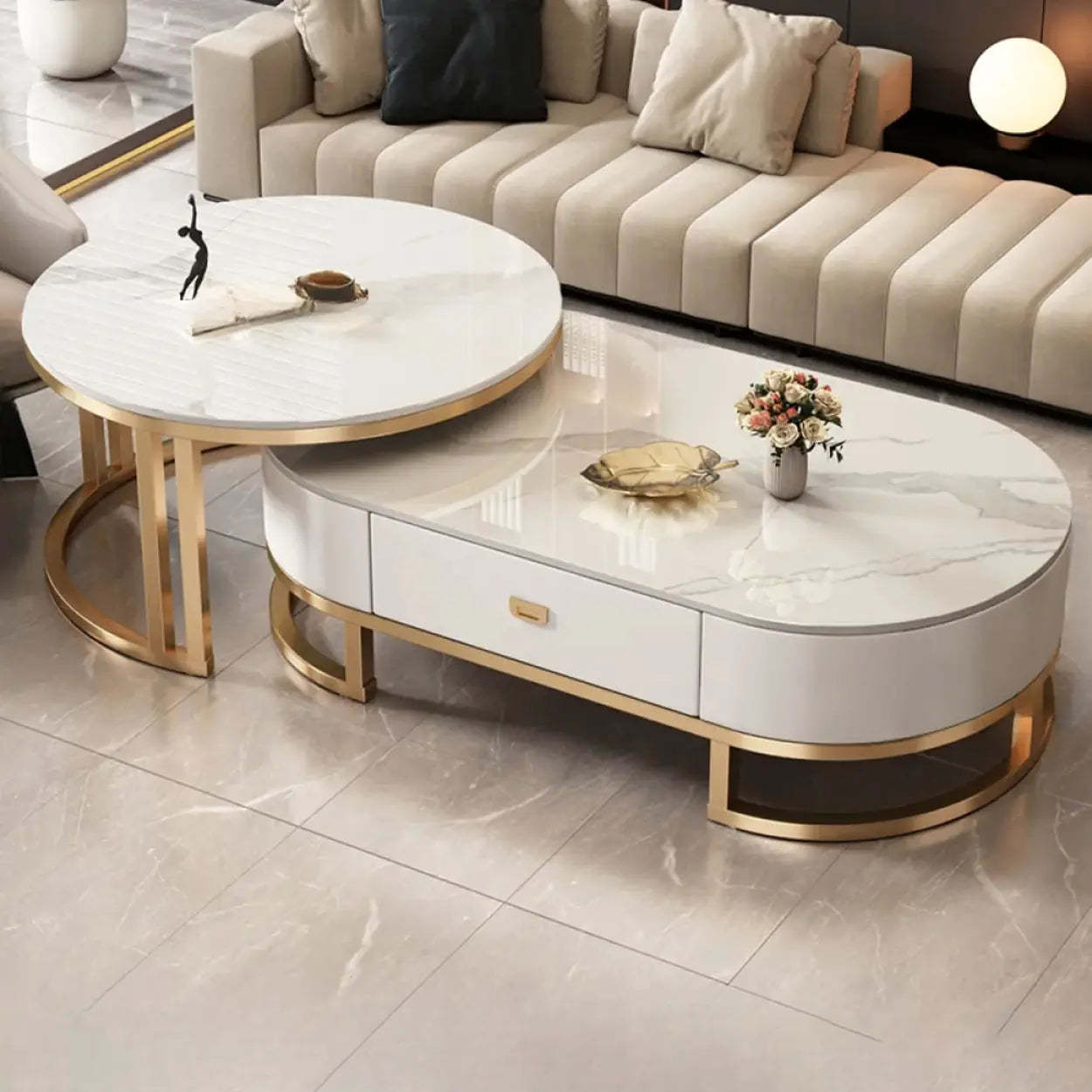 Oval Stone-Top Steel Nesting Coffee Tables — White / Gold/ Gray