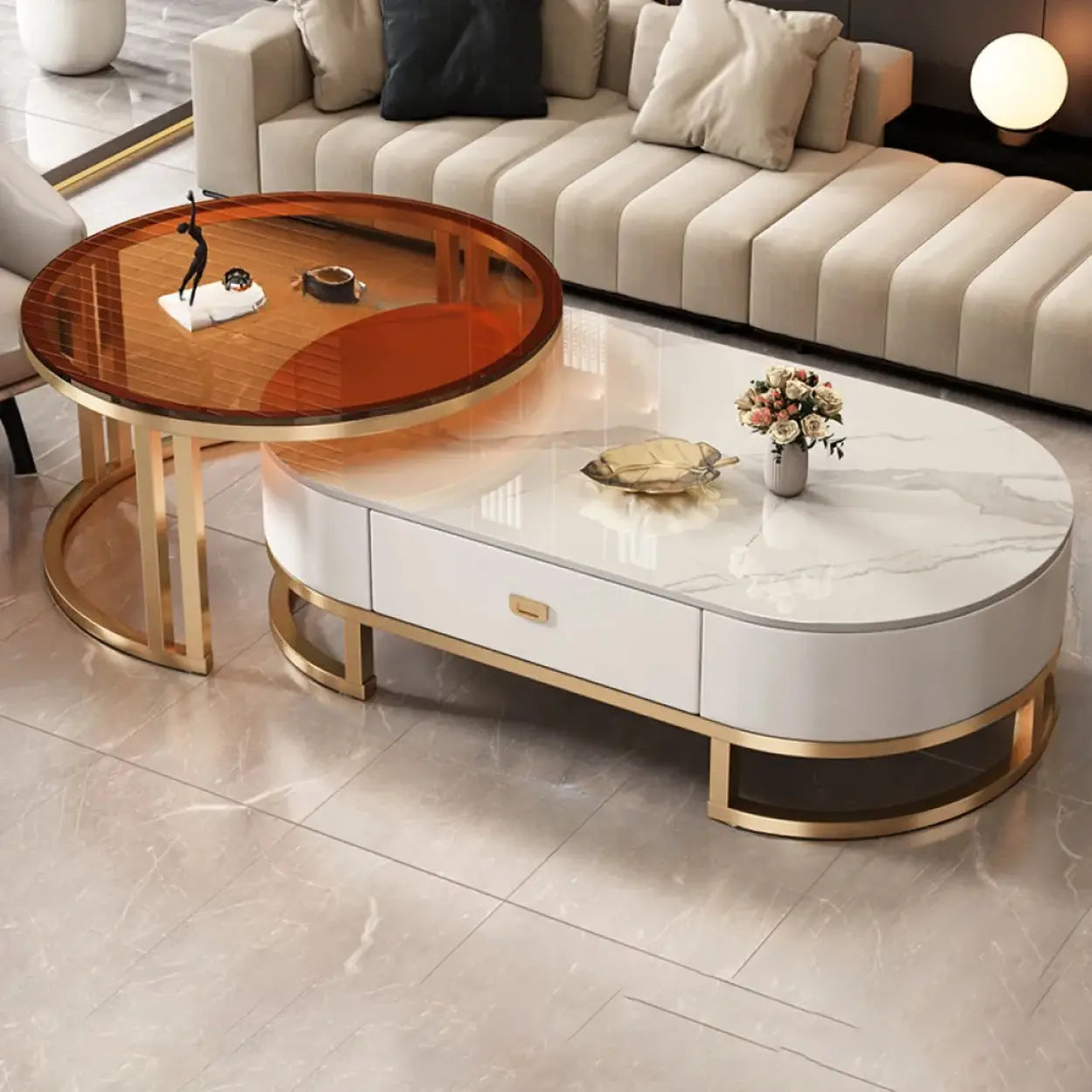 Oval Stone-Top Steel Nesting Coffee Tables — Pandora / Black/ Grey