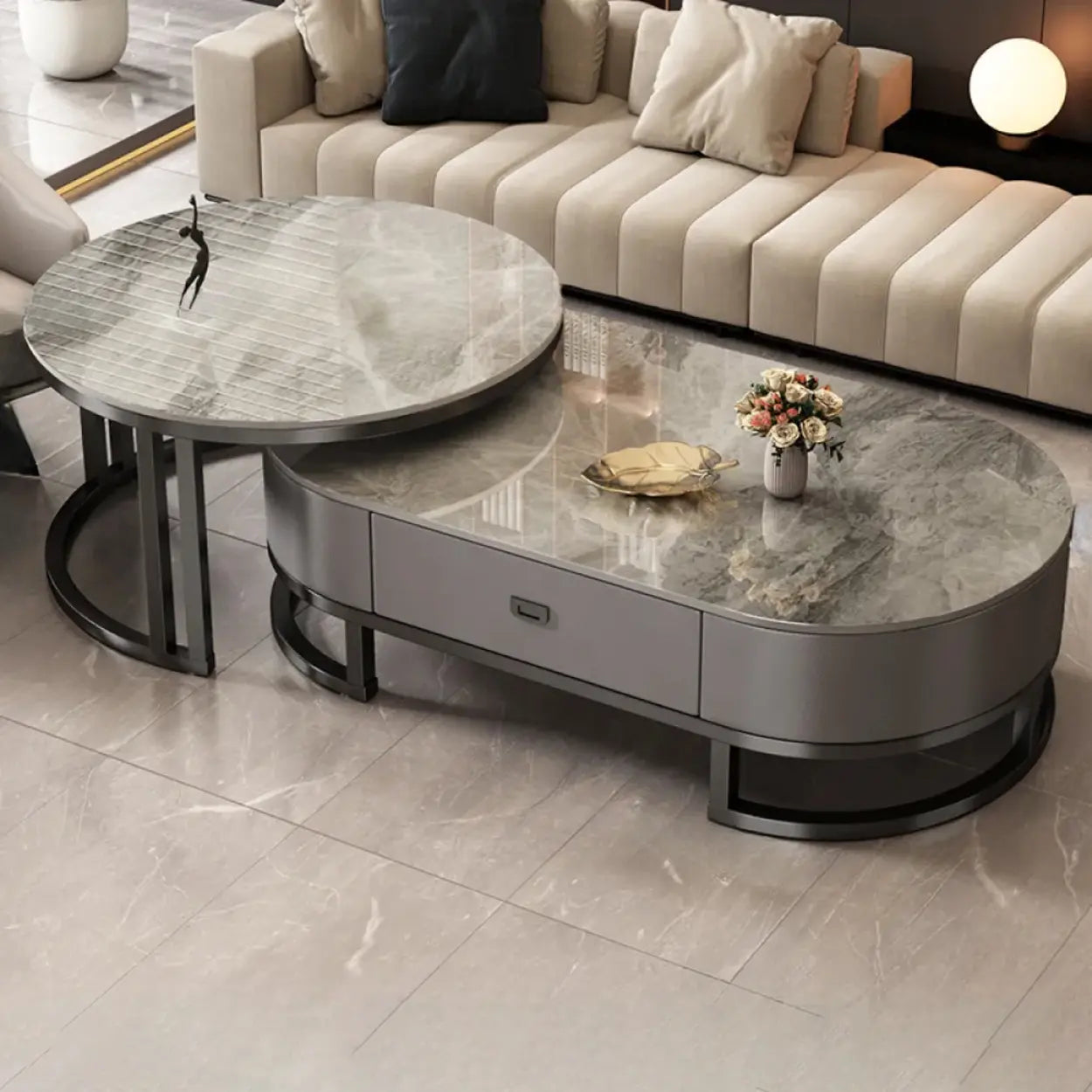 Luxury stone-top oval gray steel coffee tables, Lighom — 39.5"L x 19.5"W x 16"H & 27.5"L x 27.5"W x 18"H / White /...