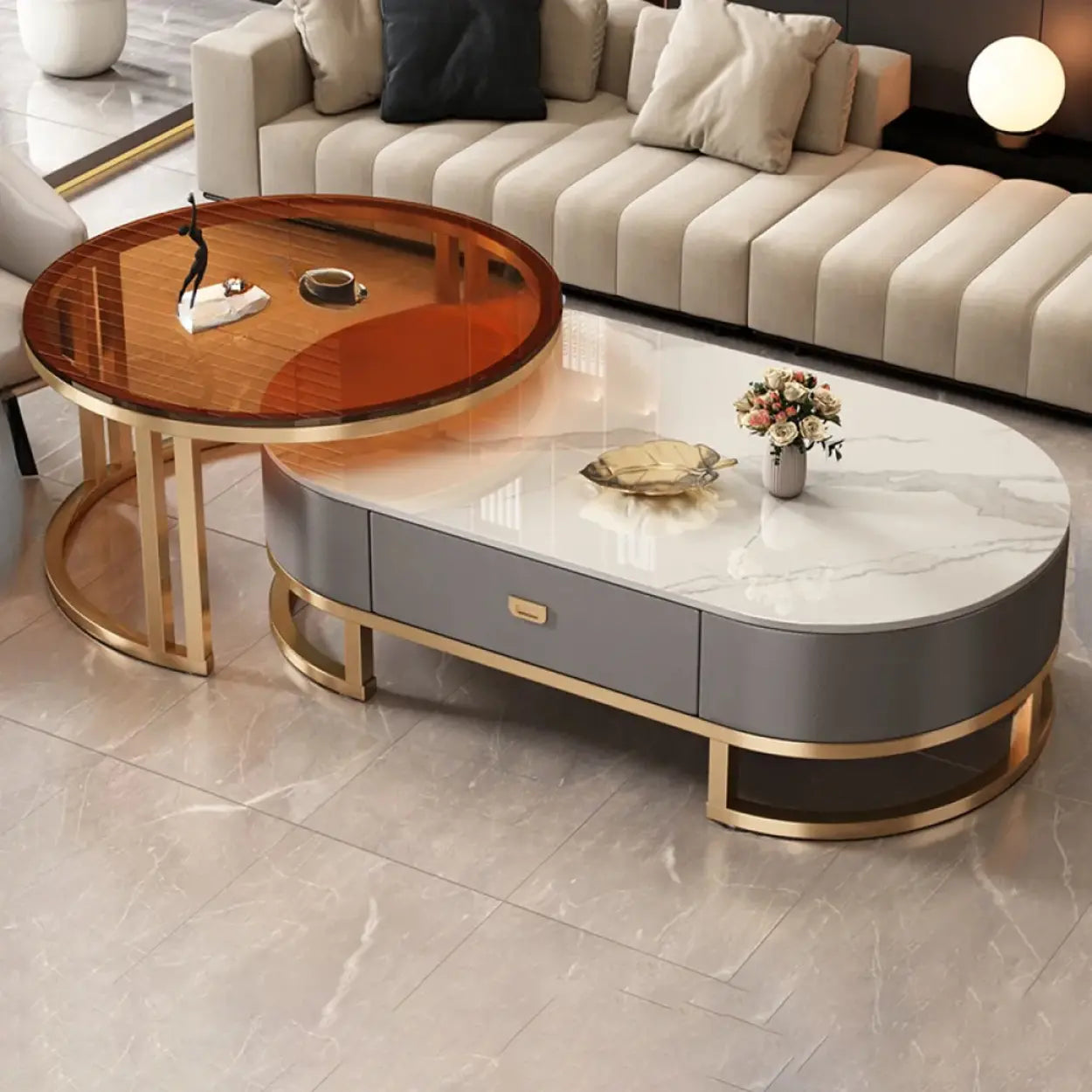 Oval Stone-Top Steel Nesting Coffee Tables — Grey/ Black / Black/ Grey