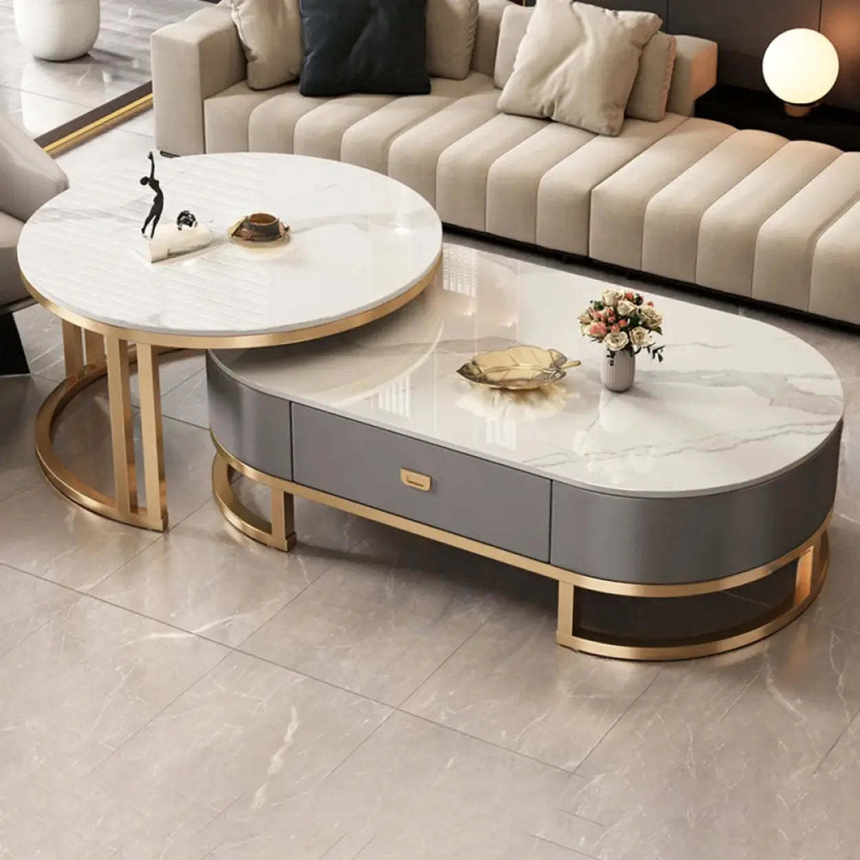 Oval Stone-Top Steel Nesting Coffee Tables — Grey/ Black / Black/ White