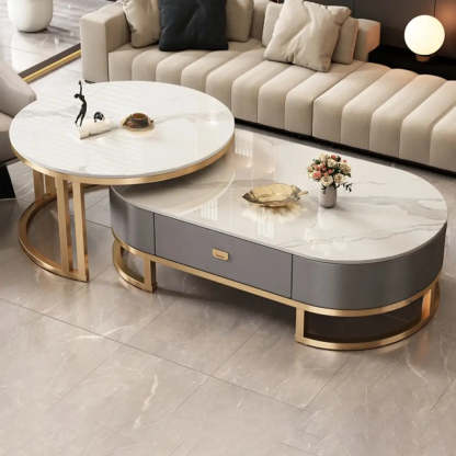 Oval Stone-Top Steel Nesting Coffee Tables — Grey/ Black / Black/ White