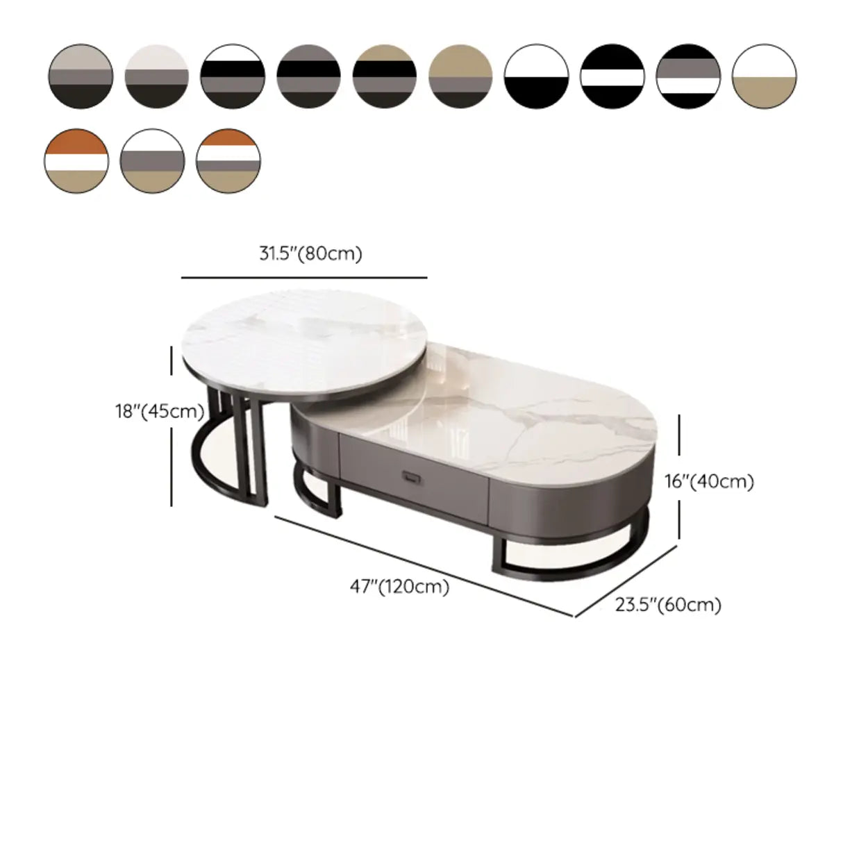 Oval Stone-Top Steel Nesting Coffee Tables — White/ Brown / Gold/ White