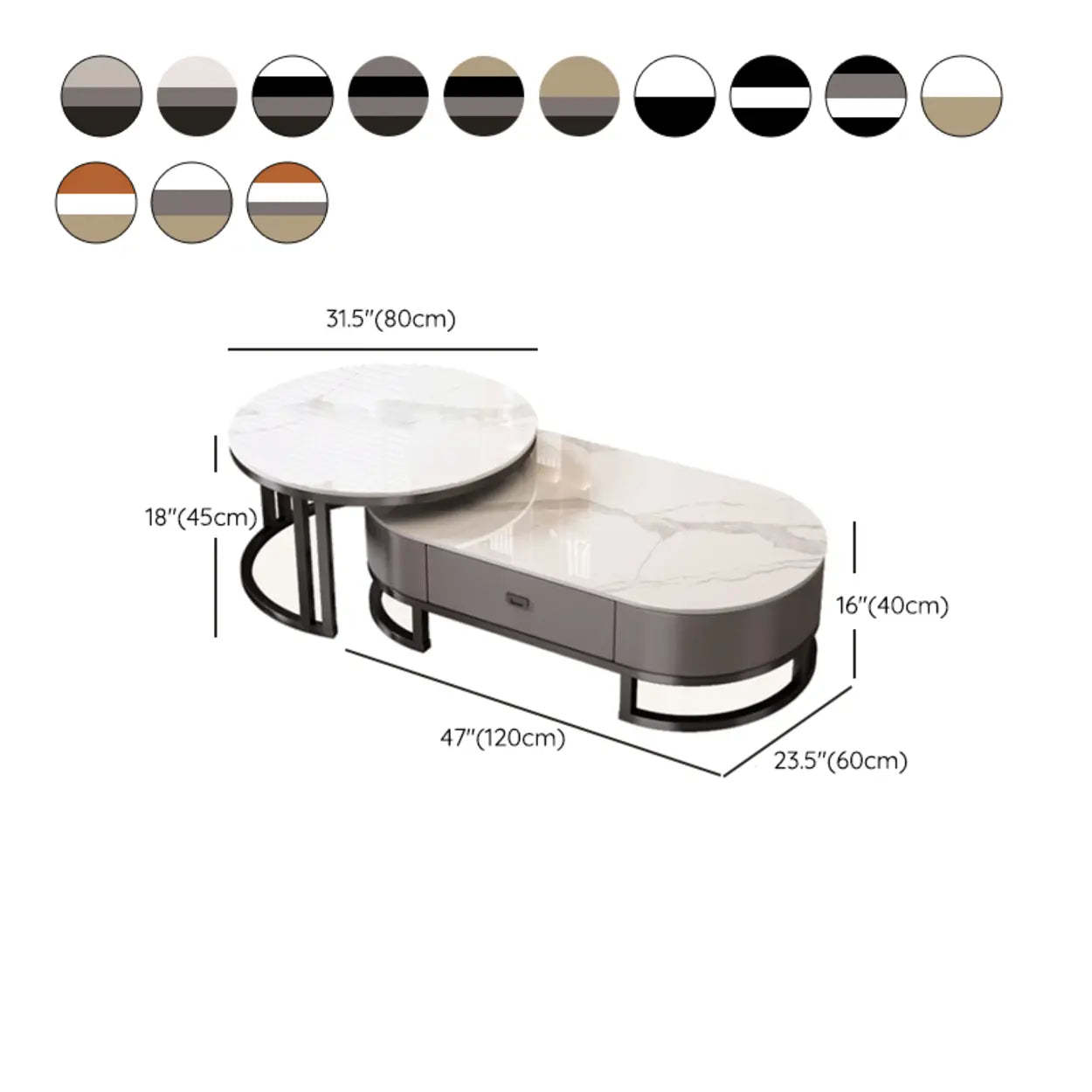 Oval Stone-Top Steel Nesting Coffee Tables — White/ Brown / Gold/ White