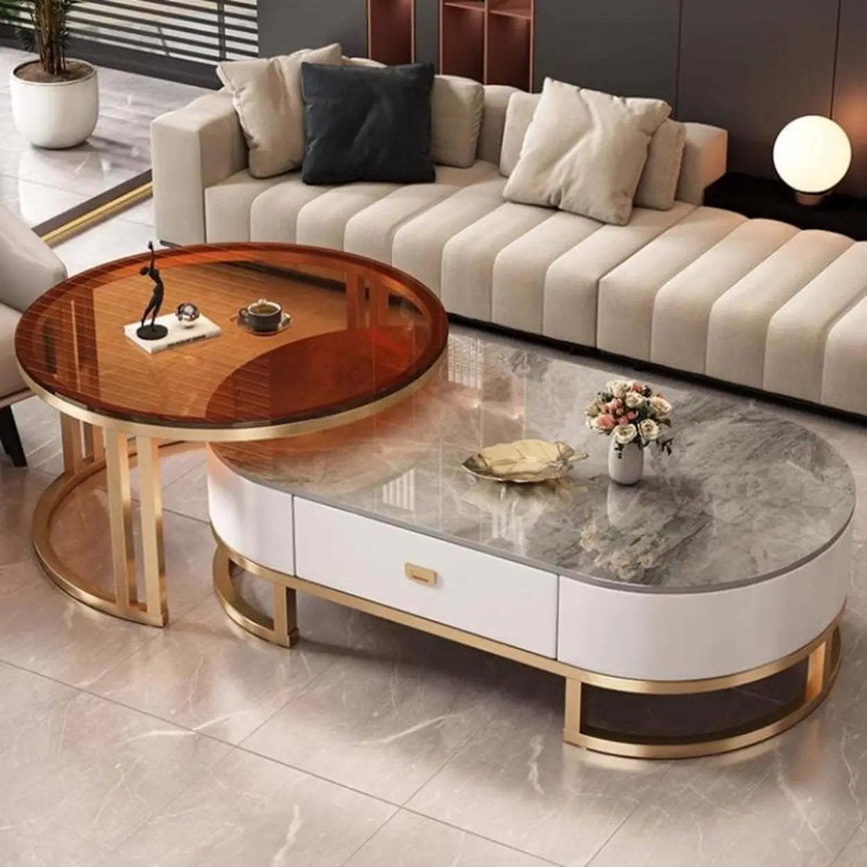 Oval Stone-Top Steel Nesting Coffee Tables — White / Black/ White
