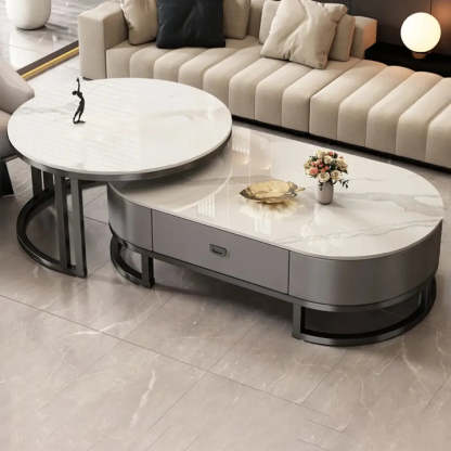 Oval Stone-Top Steel Nesting Coffee Tables — White / Gold/ White