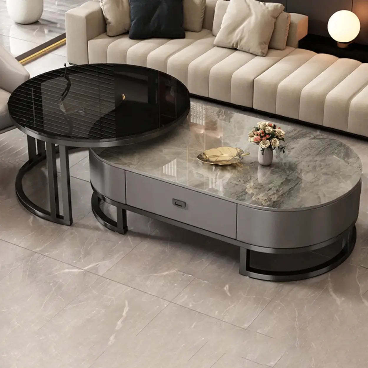 Oval Stone-Top Steel Nesting Coffee Tables — Pandora / Black/ Grey