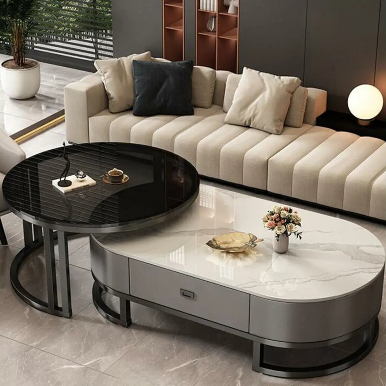 Oval Stone-Top Steel Nesting Coffee Tables — White/ Black / Black/ Grey