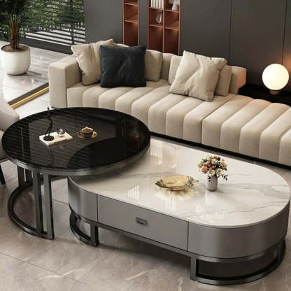 Oval Stone-Top Steel Nesting Coffee Tables — White/ Black / Black/ Grey