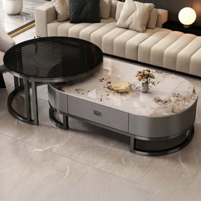 Oval Stone-Top Steel Nesting Coffee Tables — White/ Black / Black/ White