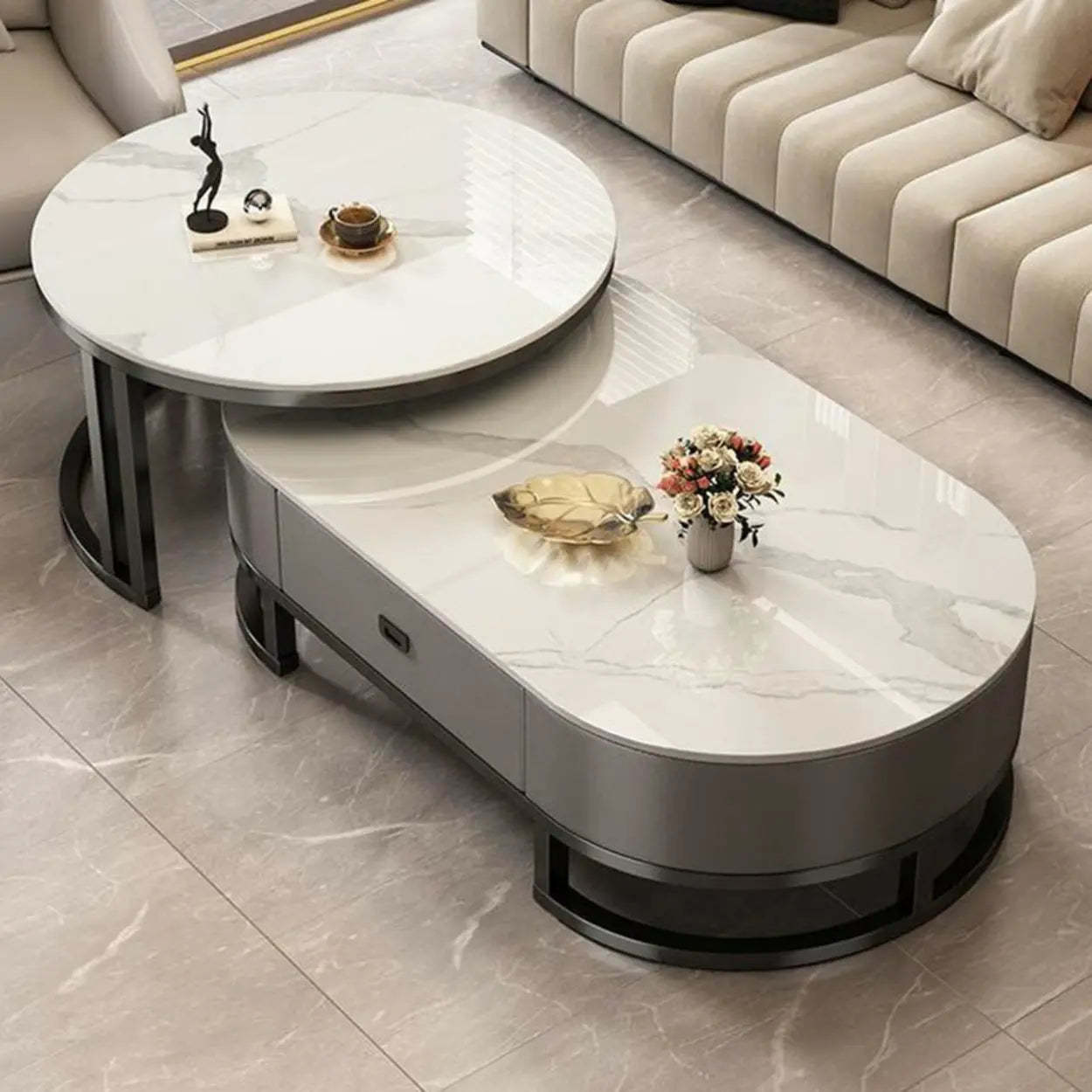Oval Stone-Top Steel Nesting Coffee Tables — Grey/ Black / Black/ Grey