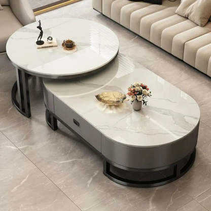 Oval Stone-Top Steel Nesting Coffee Tables — Grey/ Black / Black/ Grey