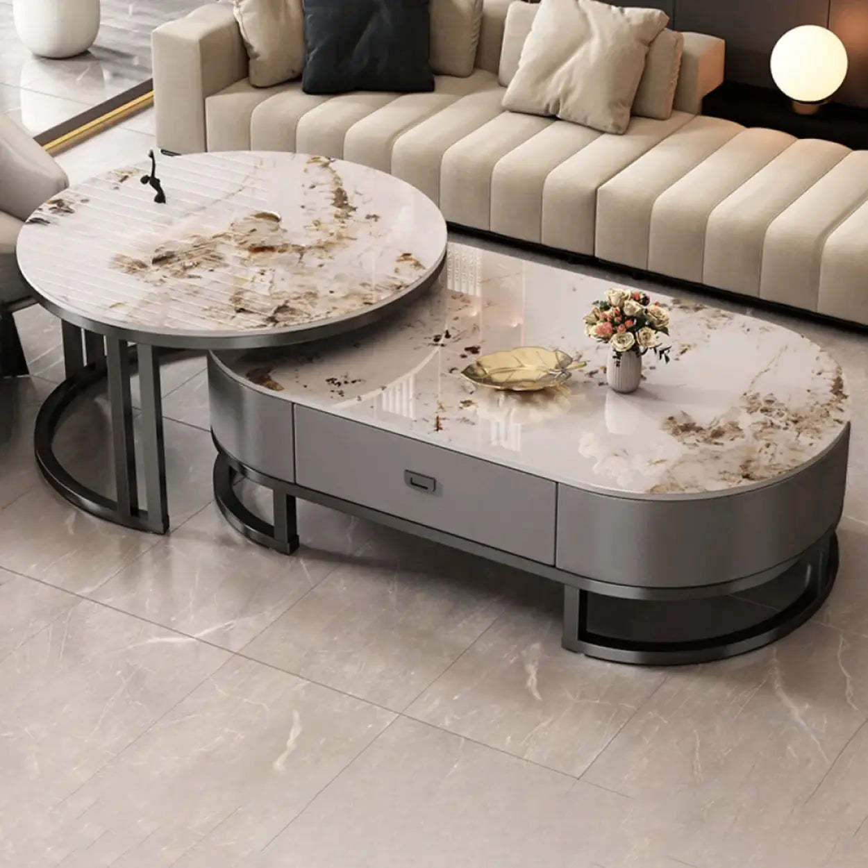 Oval Stone-Top Steel Nesting Coffee Tables — Grey/ Black / Black/ White